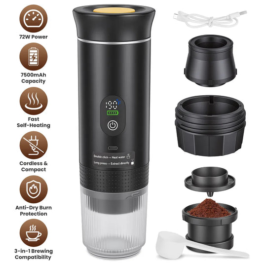 3-in-1 Portable Espresso Machine Cordless Self-Heating Coffee Maker With 7500mAh Battery